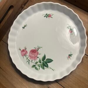 Vintage Christineholm Porcelain Quiche Pie Dish Floral Design Scalloped Edges
